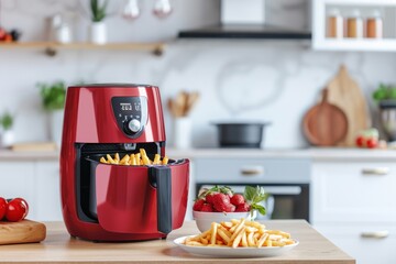 Modern red electric air-fryer cooking machine with French fries on table in kitchen. 