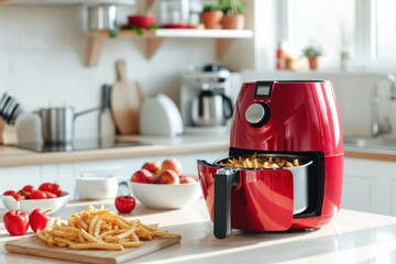 Fototapeta na wymiar Modern red electric air-fryer cooking machine with French fries on table in kitchen. 