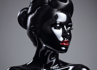 Black glossy latex mask of a beautiful woman, black glossy, latex surface in the shape of a human face