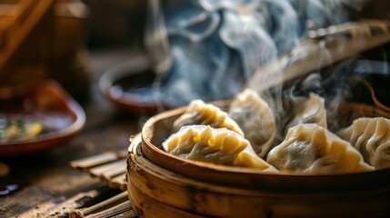 Traditional dinner dish dumpling during family gathering party to celebrate Chinese lunar new year. - obrazy, fototapety, plakaty