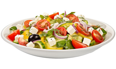 Greek salad with feta cheese, tomato, cucumber and black olives isolated on transparent background.