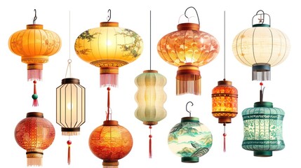Vector illustration of a collection of different type of holiday lanterns to celebrate Chinese lunar new year over white background.