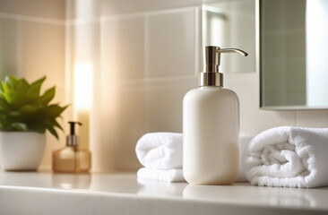 Fototapeta na wymiar Soap dispenser and white towel on pastel bathroom desk interior. Natural skin care SPA beauty product design. White blank cosmetic bottle. Rest room, bath blurry background. Contemporary interior.