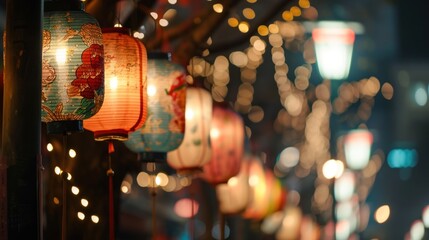 Beautiful vintage lanterns in street to celebrate Chinese lunar new year. - obrazy, fototapety, plakaty