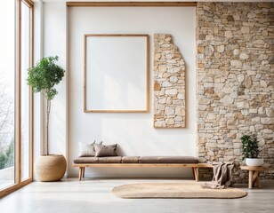 Wild stone cladding wall in bright hallway. Wooden bench near white wall with big poster frame against panoramic window. Luxury home interior design of modern entrance hall