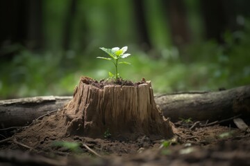 Tree emerging stump. Verdant and little sprout growing green woodland. Generate AI
