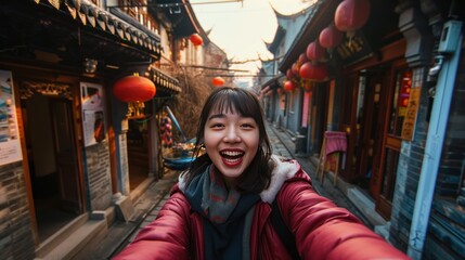 Fototapeta premium A young girl taking selfie in old town street with Chinese lunar new year decoration.