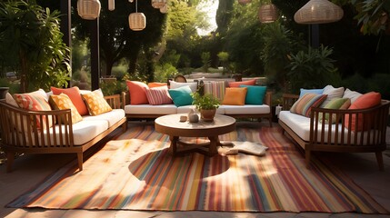 outdoor rugs to define different seating areas. - obrazy, fototapety, plakaty
