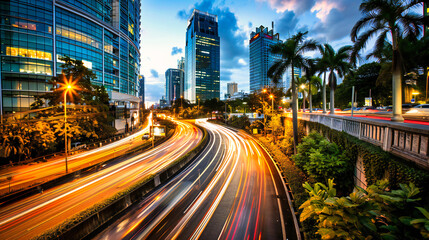 Fototapeta premium Night cityscape with traffic and skyscrapers, representing urban life and movement.