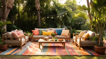 outdoor rugs to define different seating areas. - obrazy, fototapety, plakaty