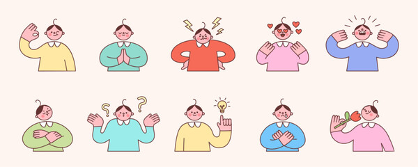 Set of cute characters expressing emotions. Vector illustration of feelings shown with gestures and facial expressions. Emotional boys in colorful shirts in trendy cartoon style.