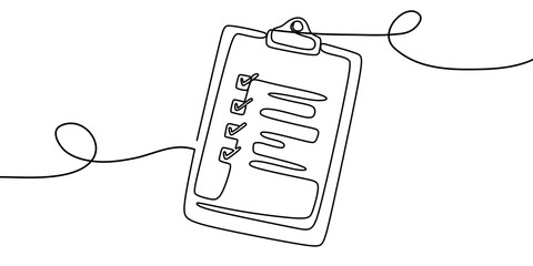 Clipboard with checklist. Continuous line one drawing. Simple line illustration.