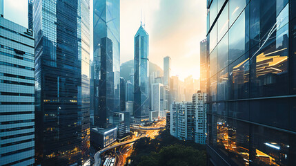Vibrant cityscape of Hong Kong at sunset, showcasing its modern skyline and urban atmosphere.