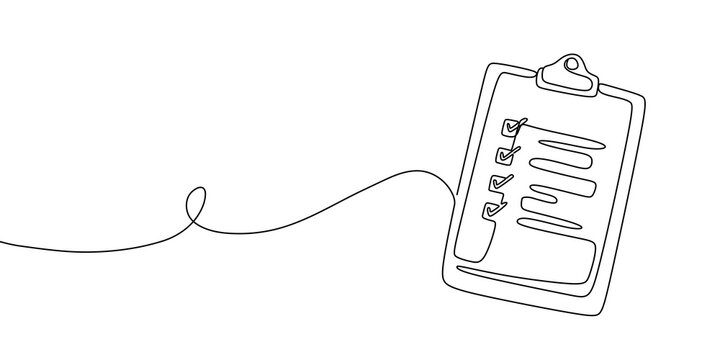 Clipboard with checklist. Continuous line one drawing. Simple line illustration.