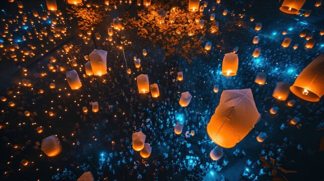 Many sky lantern taking off to celebrate Chinese lunar new year.