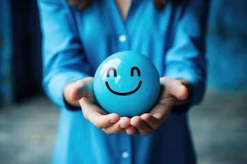 Woman holding blue smiley face in hands, expressing emotions, pretending emotions, depression, focusing on mental health, bringing you happiness