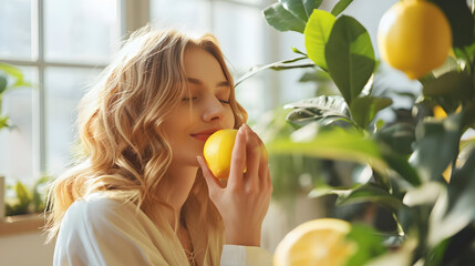 Attractive woman enjoying lemon aroma at home. Return of smell after Covid - obrazy, fototapety, plakaty