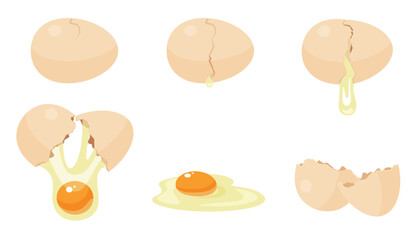Broken egg sequence game animation set. Animated action steps of cracking, shell breaking into two halves, raw yellow yolk and white falling out near empty eggshells cartoon vector illustration