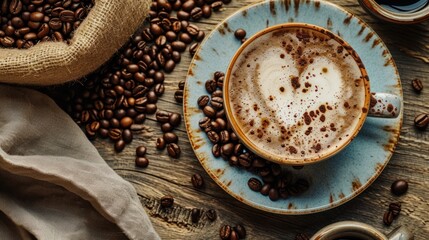 Coffee with heart shape latte art coffee beans on table.