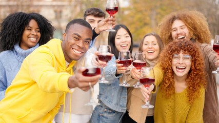 Multi-ethnic friends toasting with wine to the camera outdoors
