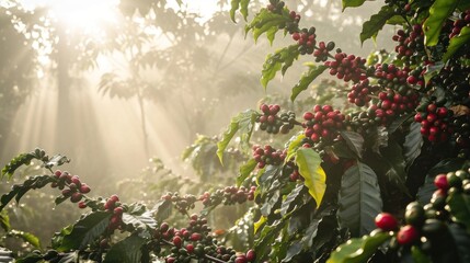 Fototapeta premium Fresh coffee berries from plantation farm at sunrise in a foggy morning.