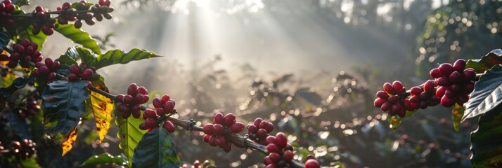 Fresh coffee berries from plantation farm at sunrise in a foggy morning. - obrazy, fototapety, plakaty