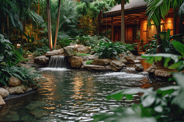 Tropical Garden Oasis with Natural Rock Waterfall