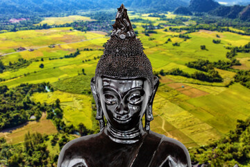 A black Buddha statue against the background of the Laotian countryside