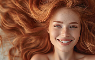 Obraz premium Beauty Portrait of a Young Woman: Pretty, Attractive Redhead with Natural Red Hair and Radiant White Skin, Wearing Casual Fashion, Smiling Joyfully in a Glamourous Studio