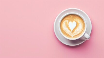 Close-up view of a cup of coffee with heart shape latte art over pink background. - obrazy, fototapety, plakaty