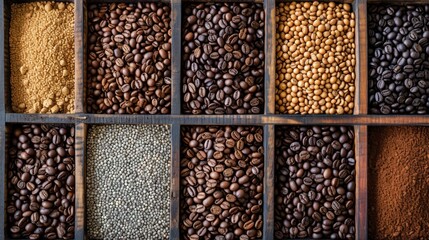 Close-up view of different type of coffee beans in storage box on table.