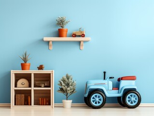 A toy tractor sits on a wall shelf, pastel blue wall