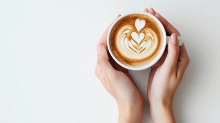 Close-up view of a cup of coffee with heart shape latte art in hands. - obrazy, fototapety, plakaty