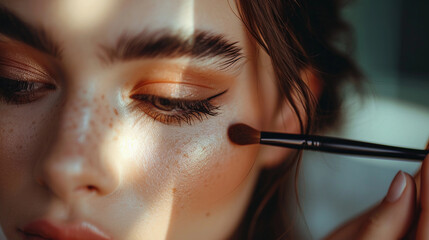 Close-up of a beautiful woman's face with a makeup brush