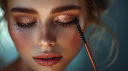 Close-up of a beautiful woman's face with a makeup brush - obrazy, fototapety, plakaty