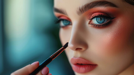 Close-up of a beautiful woman's face with a makeup brush