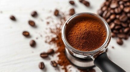 Close-up view of coffee beans and ground coffee powder on table.