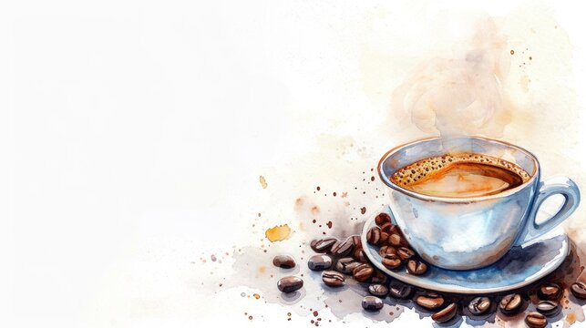 Watercolor drawing painting of a steaming coffee cup and beans.