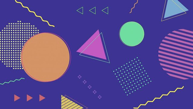 紫バックに様々なシェイプ レトロでポップなメンフィスデザイン背景,menphis design,pop,colorful,retro