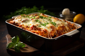 lasagna in baking dish with tomato sauce and basil generated.AI