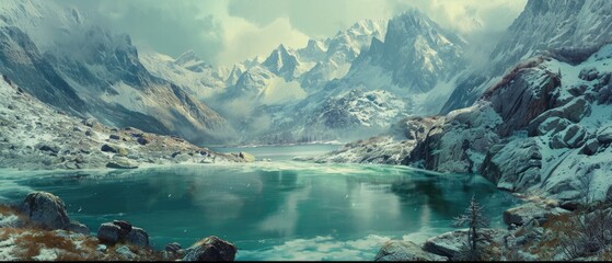 panorama of beautiful glacier mountains covered with snow with a lake - Powered by Adobe