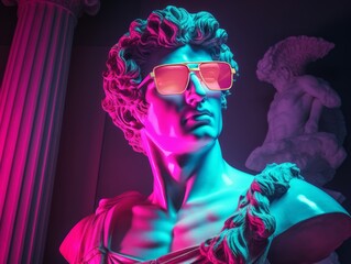 Antique statue of David with sunglasses, vaporwave style and neon lighting