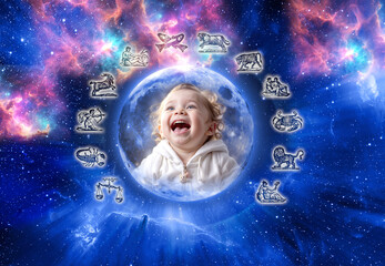all zodiac signs with laughing toddler like concept of astrology and kids, natal astrology, horoscope of children, birth horoscope and astrological chart