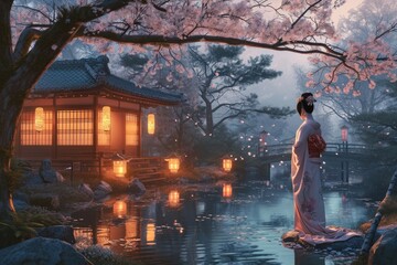 Asian girl of Japanese nationality in a national costume on the background of a Japanese garden - obrazy, fototapety, plakaty