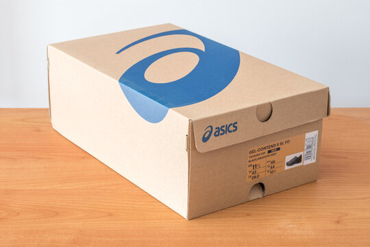 Pruszcz Gdanski, Poland - August 14, 2023: Box of Asics GEL-CONTEND 5 SL FO shoe.