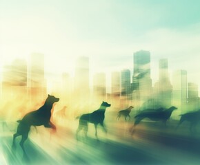 Blurry silhouettes of animals in a hurry. Busy city concept