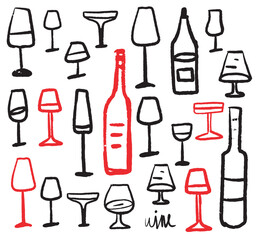 Isolated vector set of wine and alcoholic beverage glasses and tumblers. Hand drawn sketch. Red and black drawing on a white background.