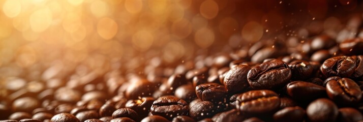 Abstract background of close-up view of coffee beans. - obrazy, fototapety, plakaty