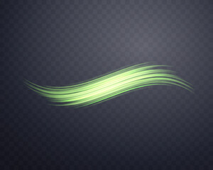 Glowing green lines. Neon realistic energy speed. Abstract light effect on a dark transparent background. Vector illustration.