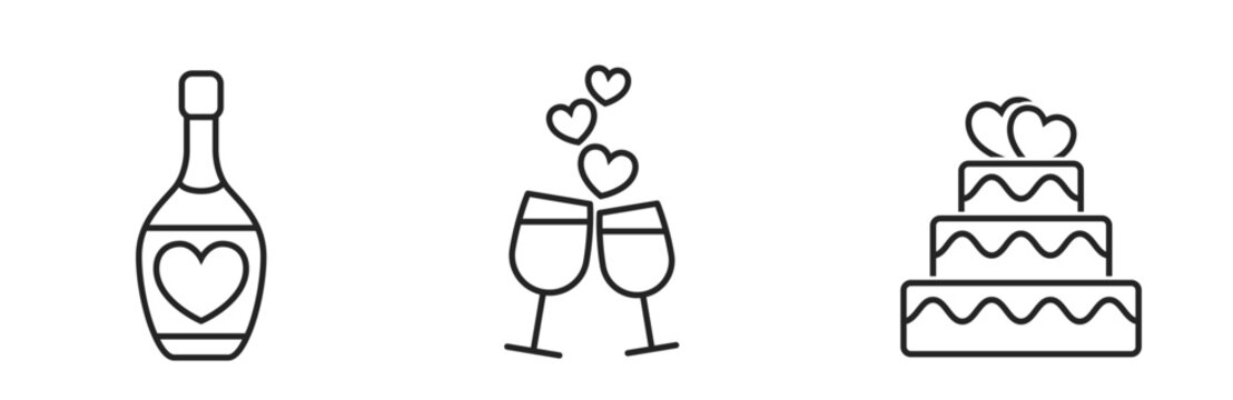 Valentines day celebration line icons. champagne, glass and cake line icon. love and wedding symbols. valentines day